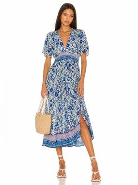 Zara Blue Floral Boho Midi Dress Empire Waist Short Sleeve